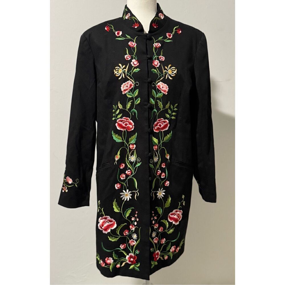 Víctor Casta Occasion floral Embroidered black long coat jacket button front L
